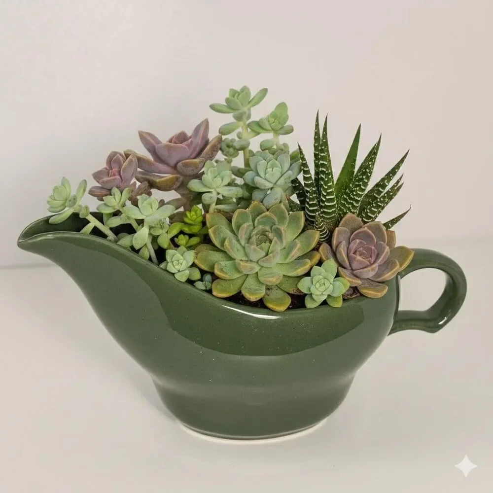 Vintage Green Ceramic Gravy Boat | Mid-Century Farmhouse Serving Dish